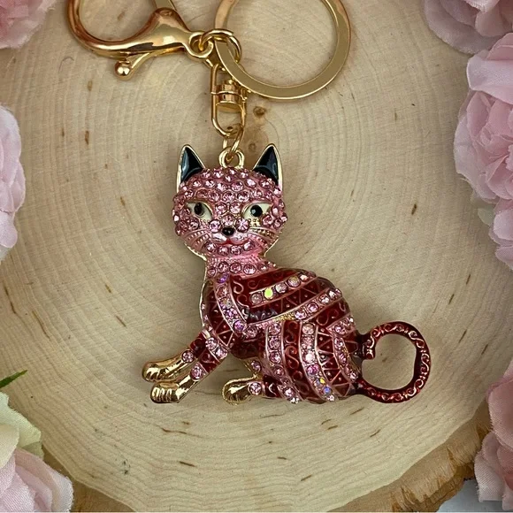 Pink Striped Crystal Egyptian Tabby Cat Keychain Charm - Picture 11 of 16